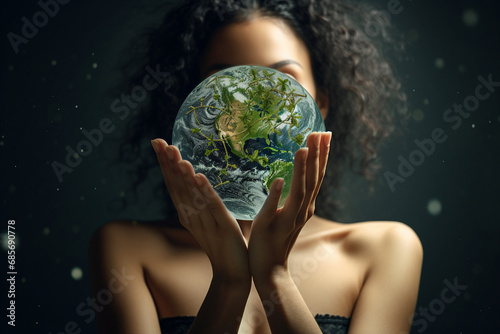 Woman hand holding earth save planet earth day generative ai image