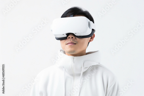 Youngster watching 3d object in virtual world fun cheerful vr glasses goggles generative ai © Tetiana