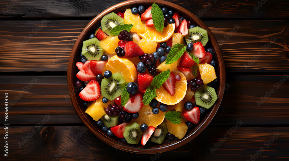 High-Angle View of a Vibrant Fruit Salad Arranged Artfully on a Wooden Table.