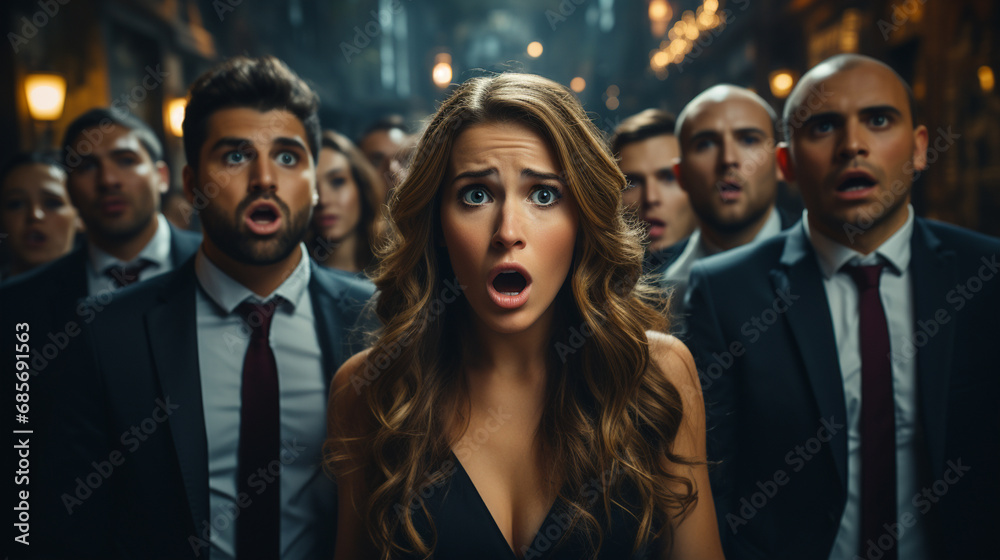 Group of shocked and surprised business people with opened mouth.