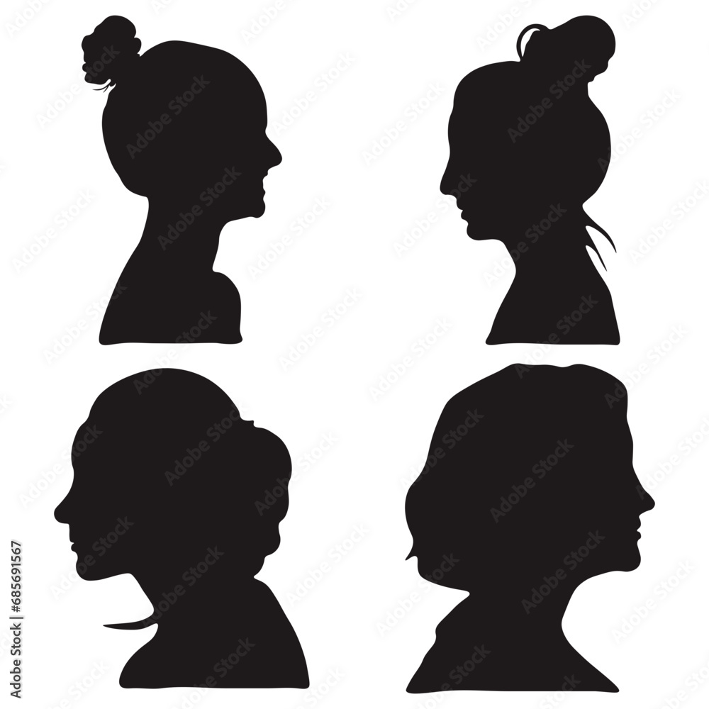 Woman Side Face Silhouette. Vector Illustration Set. 
