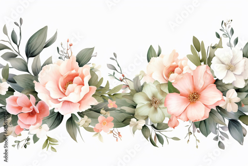 Watercolor floral border wreath with green leaves, pink peach blush and flower branches