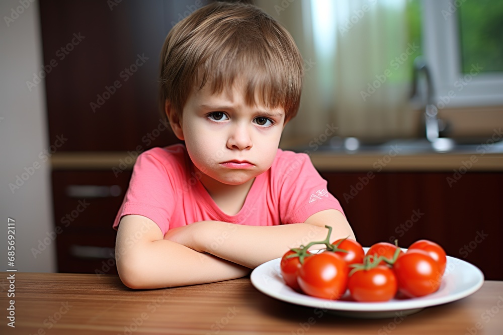 Kind mag keine Tomaten essen. Junge hasst Tomaten und ist verärgert darüber. Kleinkind möchte etwas anderes Essen als Tomaten. Kind mag keine Tomaten essen. Junge hasst Tomaten und ist verärgert darüber. Kleinkind möchte etwas anderes Essen als Tomaten.