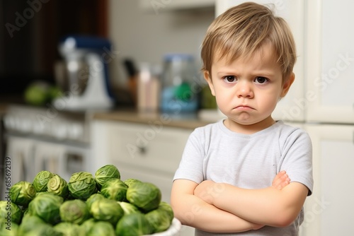 Junge hasst Rosenkohl. Ein Kind ist verärgert über Rosenkohl zum Essen. Kleinkind mag kein Rosenkohl essen. 