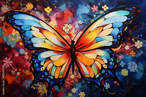 A painted butterfly in a dreamy, abstract world of colors and shapes.