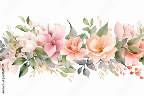 Watercolor floral border wreath with green leaves, pink peach blush and flower branches