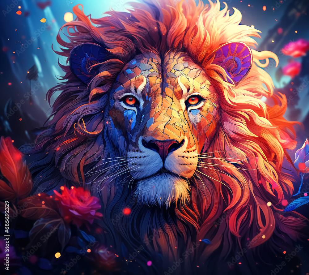Abstract Neon Wild Lion Background with Florals, Colorful Wild Animal