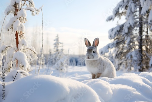 Hase oder Karnickel sitzt im Schnee im Winter. Verschneite Winterlandschaft zur kalten Jahreszeit.