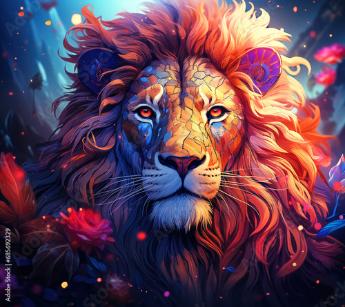 Abstract Neon Wild Lion Background with Florals, Colorful Wild Animal © ChinnishaArts