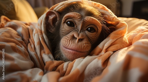 Affe kuschelt mit einer Decke. Schimpanse unter einer Kuscheldecke warm eingepackt. Niedlicher Glücklicher Menschenaffe zu Hause im Bett.   photo