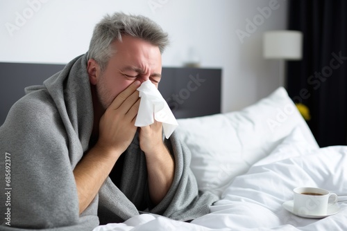Mann mit einer Erkältung im Bett schnieft sich die Nase. Niesen in ein Taschentuch bei Schnupfen. Krank zu hause mit einer Grippe.