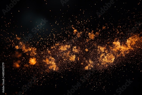 Hintergrund mit kosmischen Explosionen in einer Art von Feuerwerk. Feuer im Universum in Gold. Orange Partikel und Funken am Nachthimmel. photo