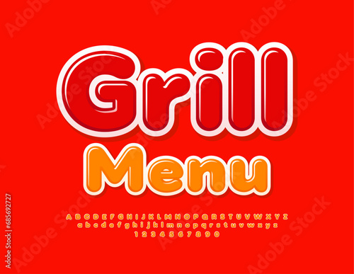 Vector creative poster Grill Menu. Bright Glossy Font. Modern Red Alphabet Letters and Numbers set