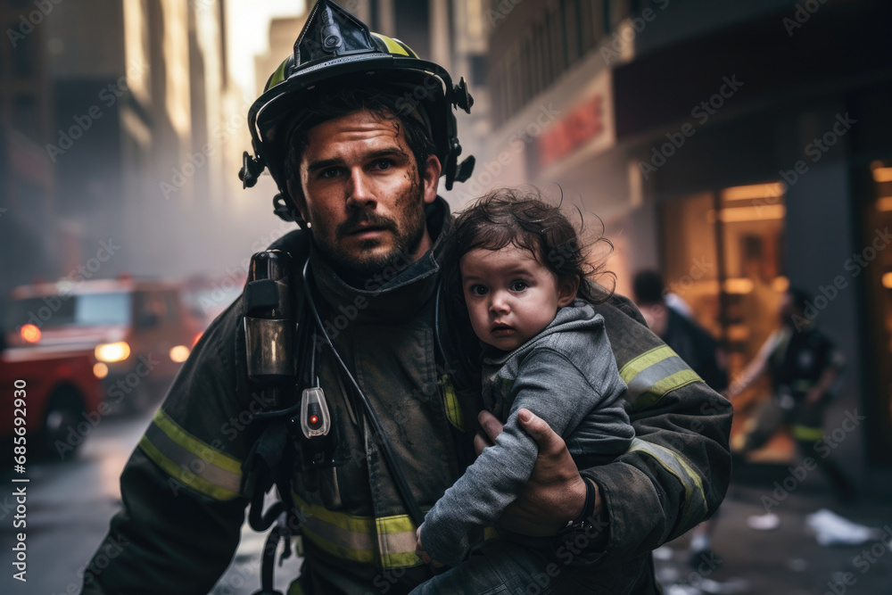 Firefighter Rescuing Child From Burning Building