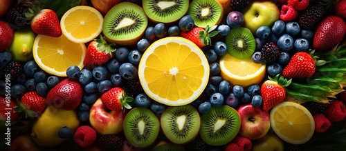 Closeup fresh fruits assorted natural nutrition colorful isolated background.