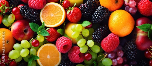 Closeup fresh fruits assorted natural nutrition colorful isolated background. photo