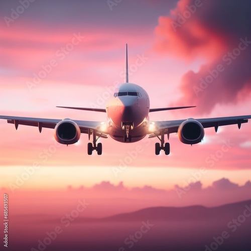 airplane landing at sunset