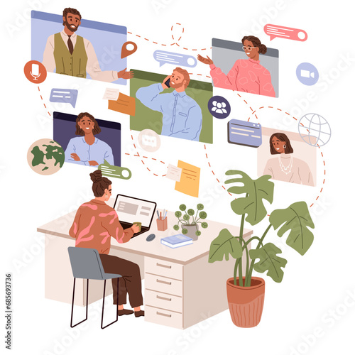 Video conference. Vector illustration. The video conference concept strengthens professional relationships Contacting clients through video conferences builds trust and rapport Joining video