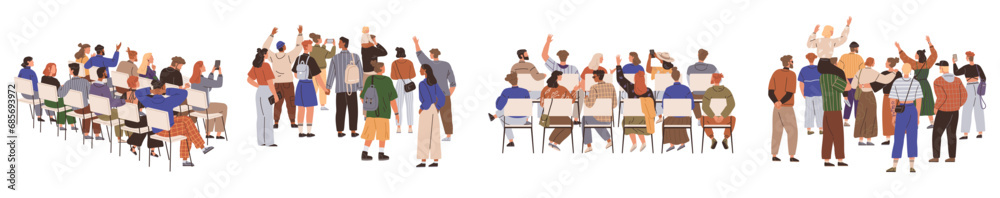 Crowd of people sitting and standing in audience. Rear view of academic auditorium, fan audience, people crowd. Set of spectators backs. Backside of people characters. Men women on concert or festival Crowd of people sitting and standing in audience. Rear view of academic auditorium, fan audience, people crowd. Set of spectators backs. Backside of people characters. Men women on concert or festival