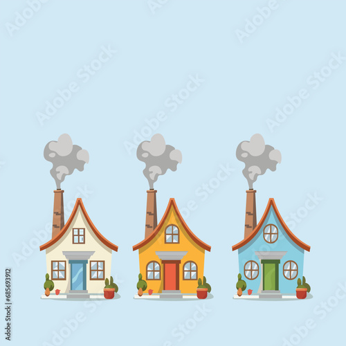 illustration of 3 simple houses with steaming chimneys