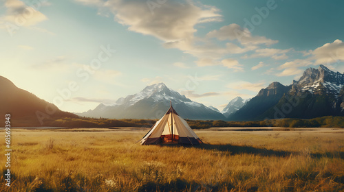 A Tent Set Amidst Nature with Majestic Mountain Backdrop. © ShadowHero