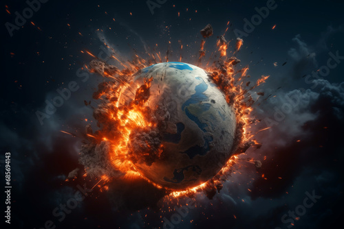 Earth in burns as Global catastrophe, Hell. War on Earth as Climate Change. Planet Earth in space with explosions. Warming and fire on Earth, Death. Earth in burns as Global catastrophe, Hell.