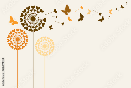 Dandelion flower with hearts love and butterfly concept isolated on cream background.Vector illustration