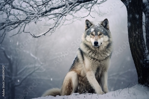 Wolf sitzt im Wald im Winter im Schnee. Dramatische Stimmung mit Platz für Text. Die Begegnung mit einem Wolf im Park.