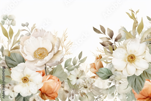 Watercolor floral border wreath with green leaves, pink peach blush and flower branches © Micromedia