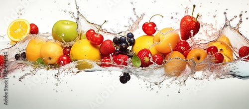 Closeup assorted fresh fruits with splashing water isolated on white background. AI generated image