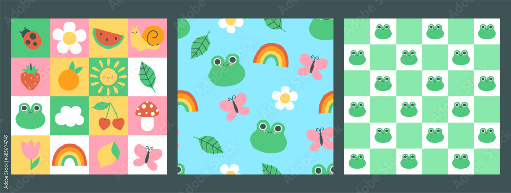 Set of seamless summer patterns with frogs. Vector graphics.