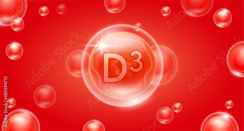 Red vitamin D3 floating in the air. Vitamins minerals complex and collagen serum. For cosmetic banner or beauty skin care nutrition design. Essential supplement to the health body. 3D vector.