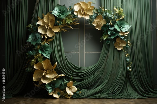 Maternity backdrop, wedding backdrop, photography background, maternity props, Light hoop weaved green and gold flowers, elegant wall background, flowing white satin drape, backdrop, giant flowers photo