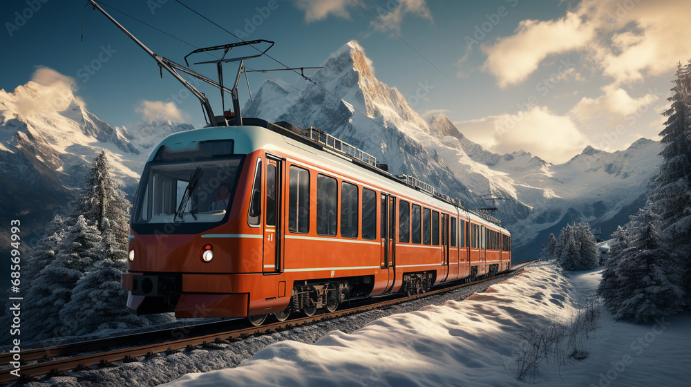 Train running through the snowy mountains.