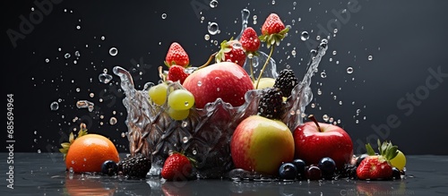 Macro view fresh fruits with splashing water isolated on dark background. AI generated