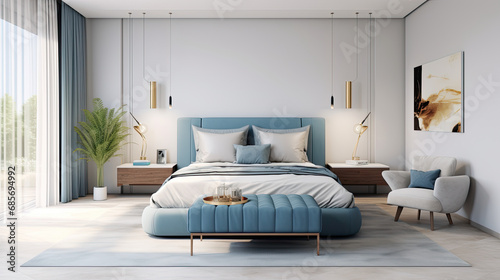 sky blue bedroom interior with white bed. luxury bright bedroom design. contemporary furniture