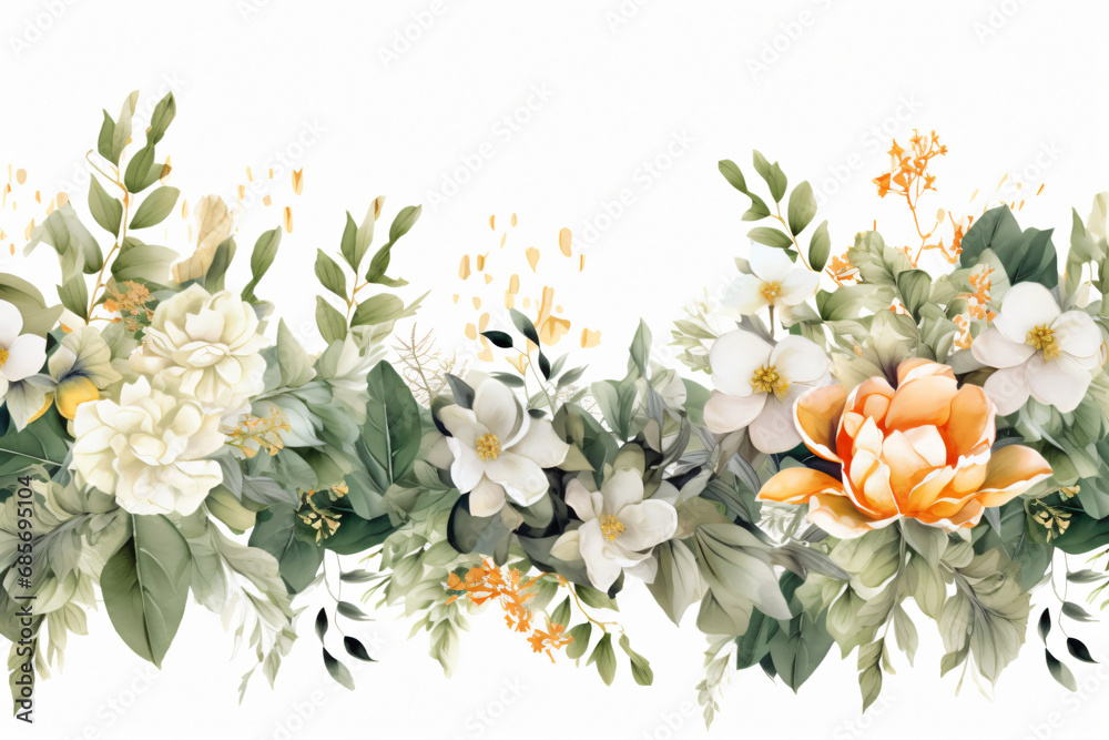 Watercolor floral border wreath with green leaves, pink peach blush and flower branches