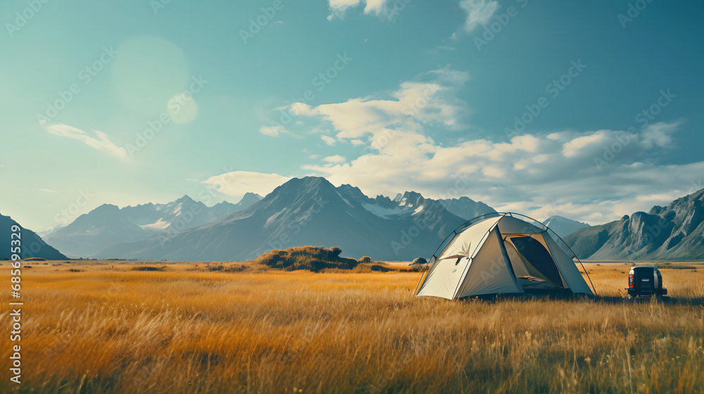 A Tent Set Amidst Nature with Majestic Mountain Backdrop.