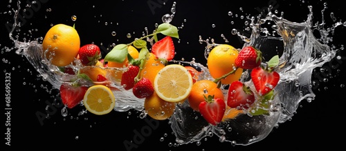 Macro citrus fresh fruits with splashing water isolated on dark background. AI generated image