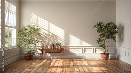 White room with a window and sunlight.