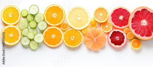 Group fresh cut pieces of different citrus fruits isolated on white background