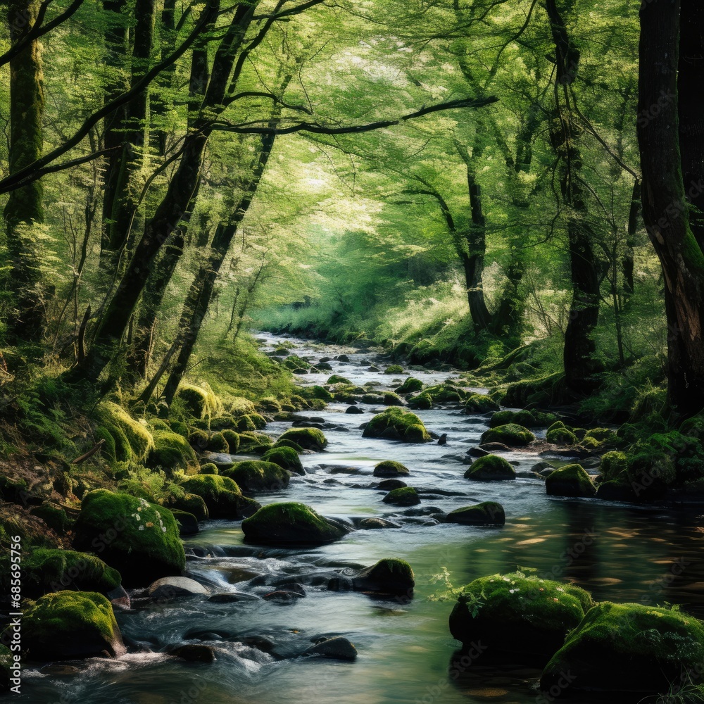 A tranquil forest stream flowing through the woods A tranquil forest stream flowing through the woods
