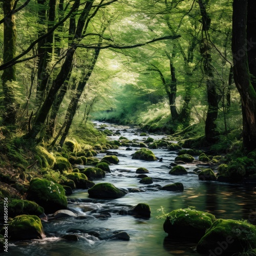 A tranquil forest stream flowing through the woods