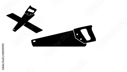 Hand saw, sawing with a hand saw, black isolated silhouette