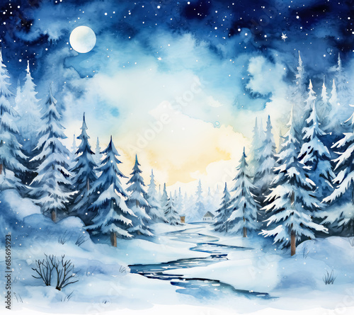Watercolor Winter Snowy Landscape with White Background