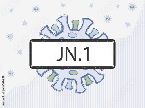 JN.1 in the sign. Coronovirus with spike proteins of a different colors symbolizing mutations. New Omicron subvariant against the background of covid-19 case statistics.