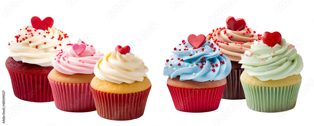 Bakery’s vibrantly colored cupcakes muffin set with heart on top, sweet food for valentines day, Isolated on Transparent Background, PNG