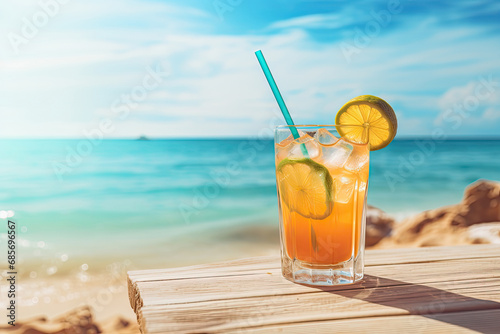 Summer drink Cocktail on the wooden table with beach background and sunlight. Refreshing healthy cocktail with the beautiful sea and sky.