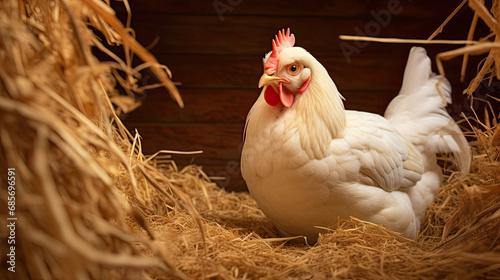 a white chicken is sitting in the hay
