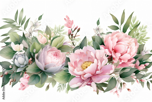 Watercolor floral border wreath with green leaves  pink peach blush and flower branches